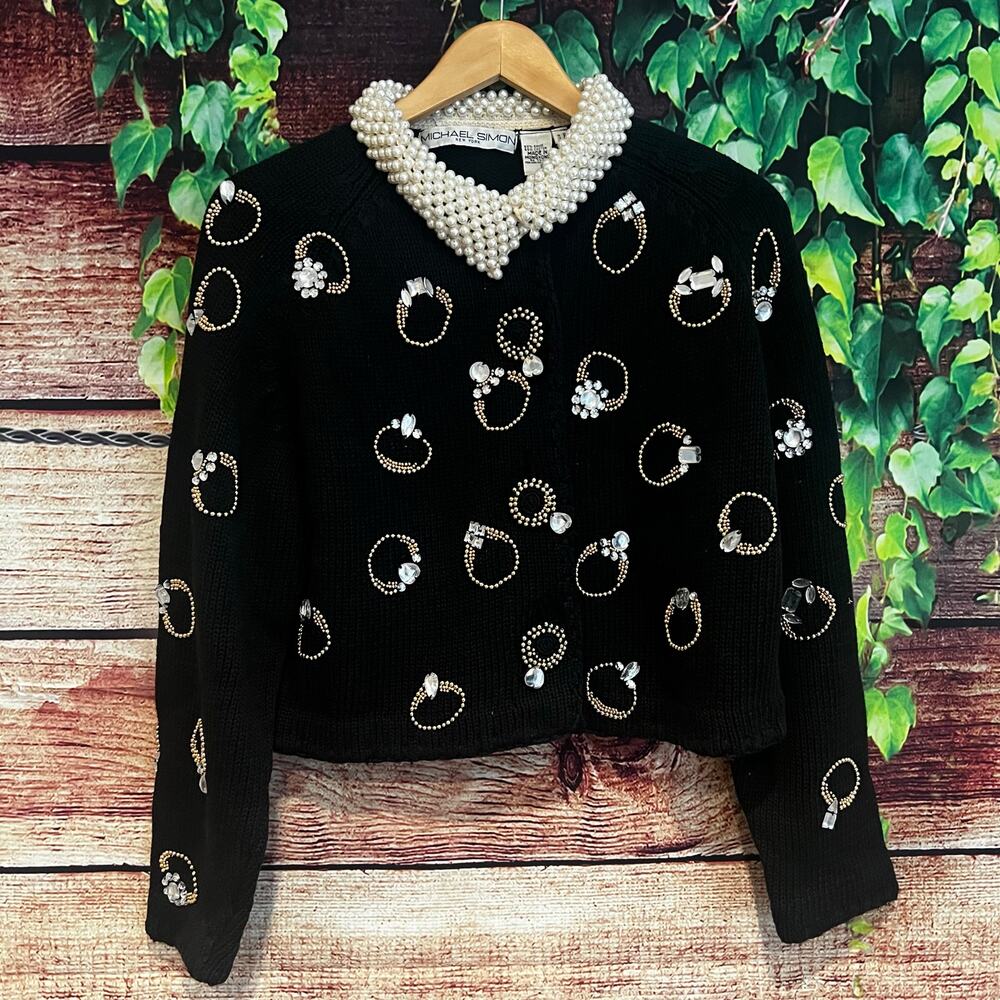 RARE Vintage Michael Simon Wedding Ring Sweater Diamond Pearl Beaded Cardigan